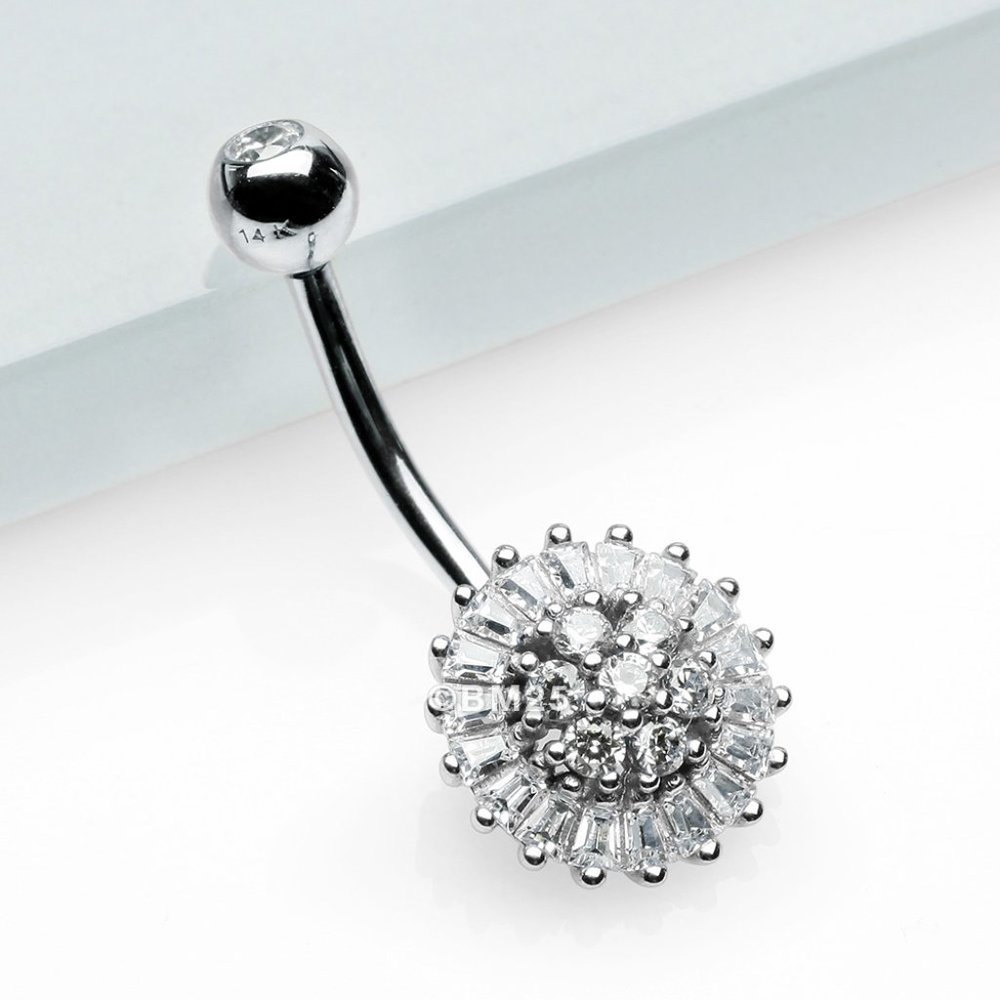 14 Karat White Gold Grand Sparkle Prong Set Flower Belly Button Ring